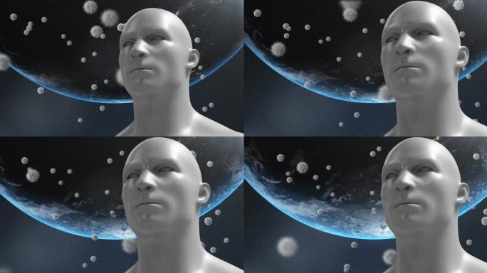 漂浮在人脸模型上的多个新型冠状病毒肺炎细胞的数字动画