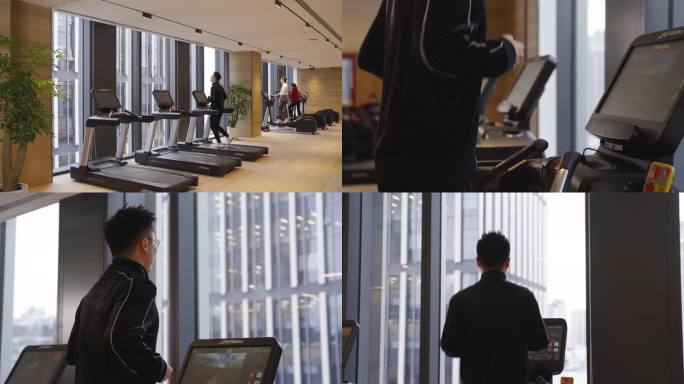 高端写字楼健身区白领跑步机健身组合镜头