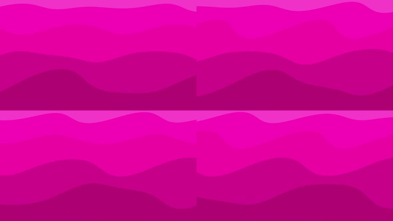 玫瑰花在运动中的不同色调或山脉中的紫红色水或流体的动画粉色波浪 -- 卡通数字平面设计背景