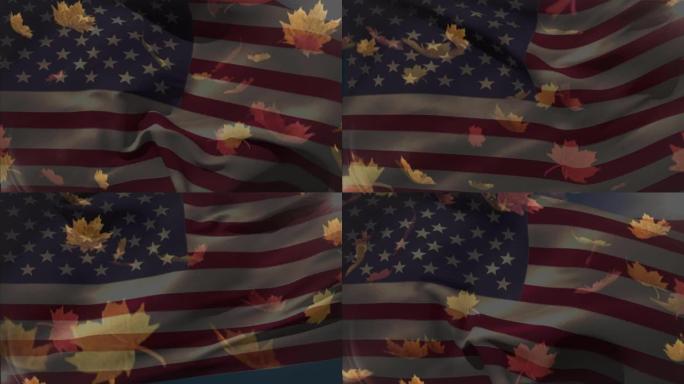 美国国旗和树叶掉落上的数据处理动画