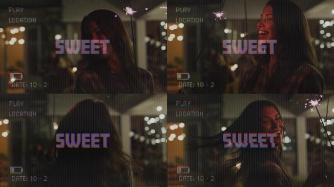 带有数字接口的摄像机屏幕上的甜蜜文本动画拍摄带有火花的女人