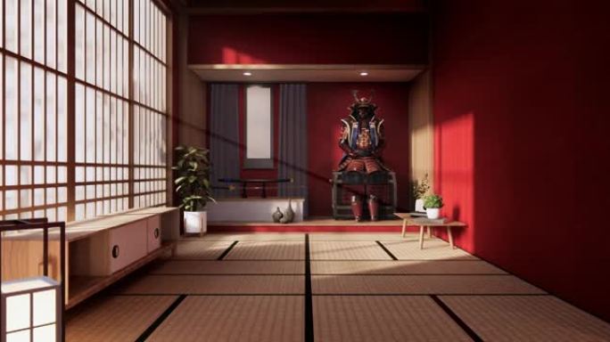 武士盔甲 -- 红色客厅日本风格。3d渲染