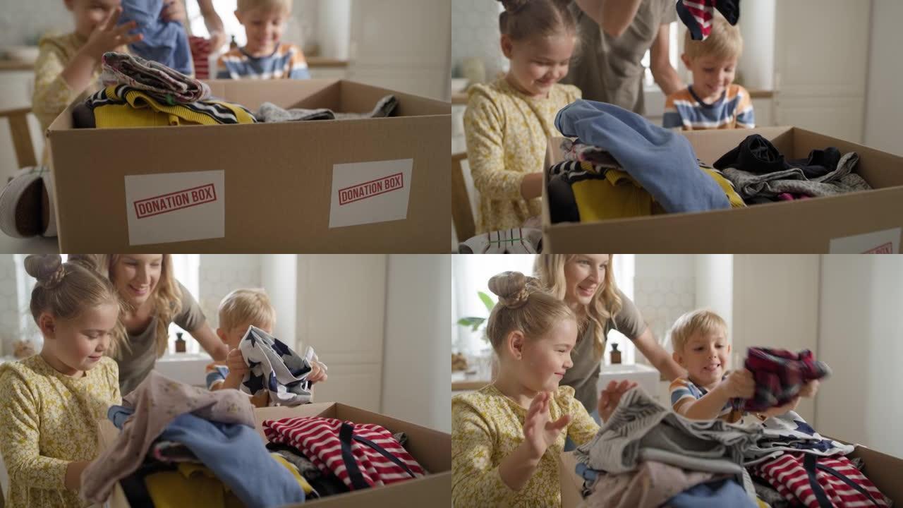 孩子们整理衣服捐赠的特写视频。用8k的红氦相机拍摄