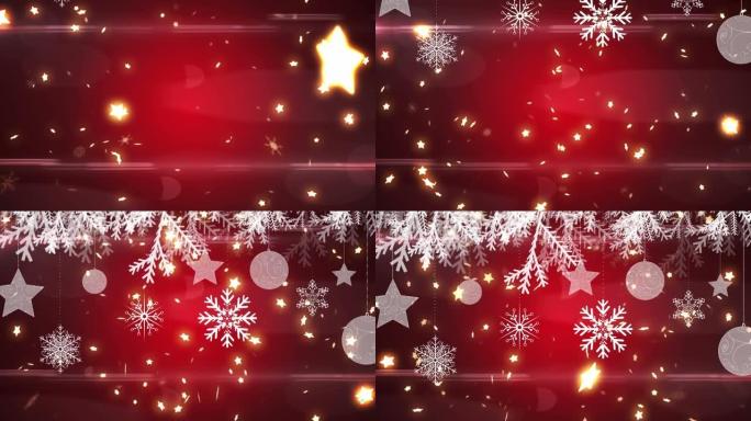 红色背景上的白色雪花，摆设装饰和圣诞树树枝的动画