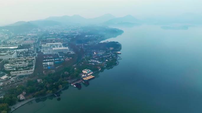 4K航拍清晨的杭州西湖