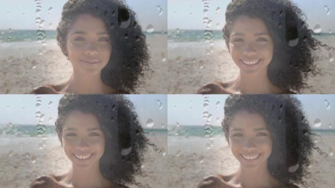 在海滩上微笑的混血女人的动画