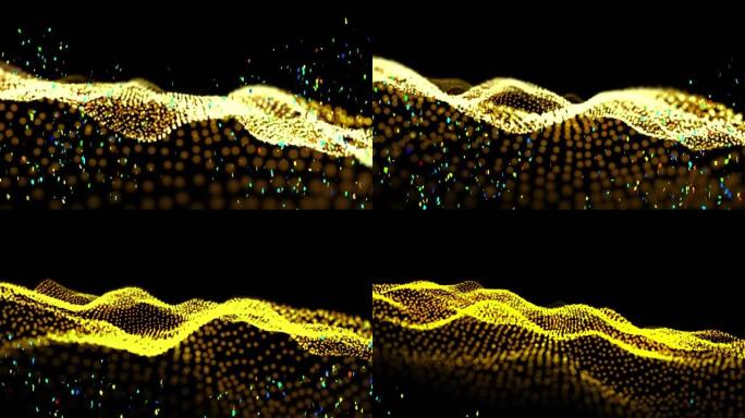 黑色背景下彩色五彩纸屑落在黄色数字波浪上的数字动画
