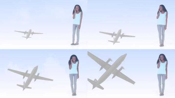 使用智能手机在空中飞行的快乐非裔美国妇女的动画