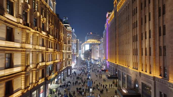 上海南京路步行街夜景航拍