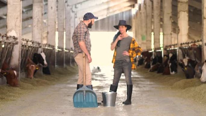 4k视频中年女农场工人戴着牛仔帽，拿着铲子，在牛棚里与年轻男工人讨论