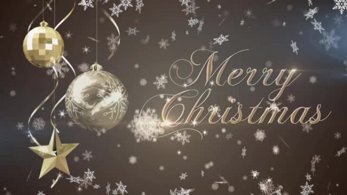 金色圣诞快乐文字和小玩意的动画，灰色背景上飘落的雪花
