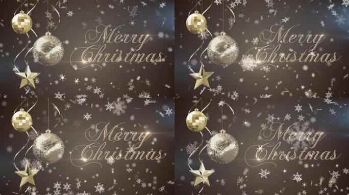 金色圣诞快乐文字和小玩意的动画，灰色背景上飘落的雪花