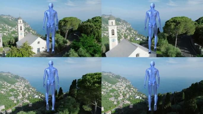 蓝色人类图标在风景上行走的动画