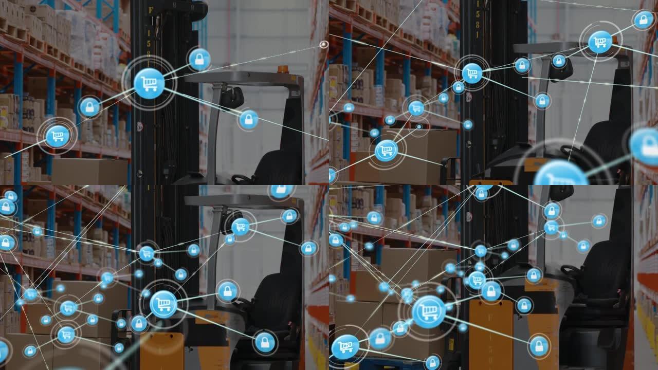 仓库中漂浮在叉车机器上的数字图标网络