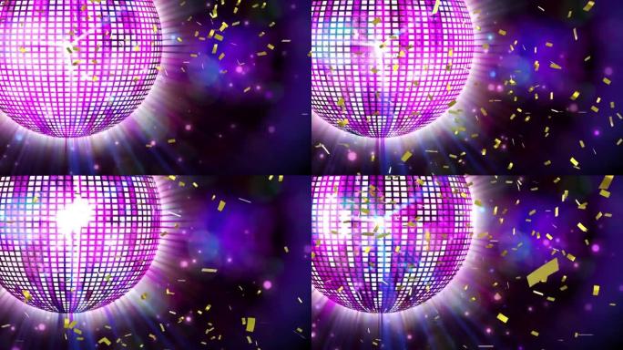 五彩纸屑掉落在发光镜子迪斯科球上的动画