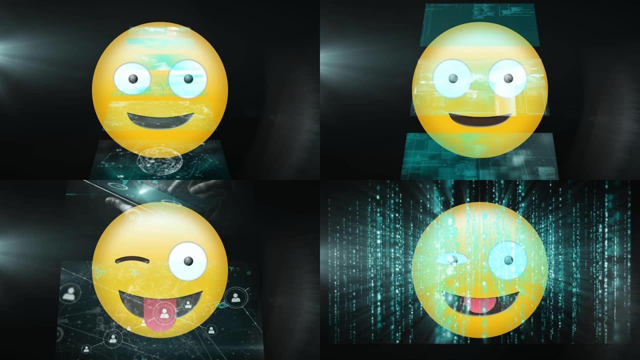 黑色背景上移动屏幕上的快乐表情图标动画