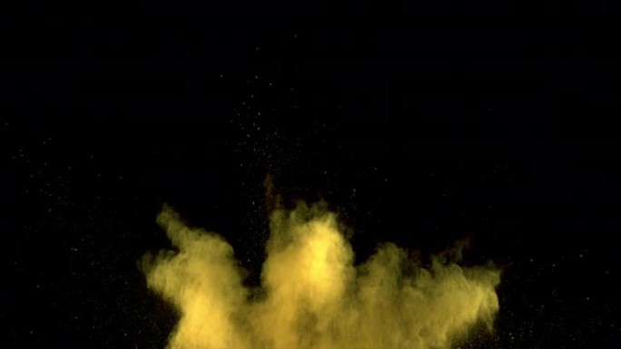 黄色粉末爆炸和底部爆炸隔离在黑色背景上，用于VFX，4k视频元素