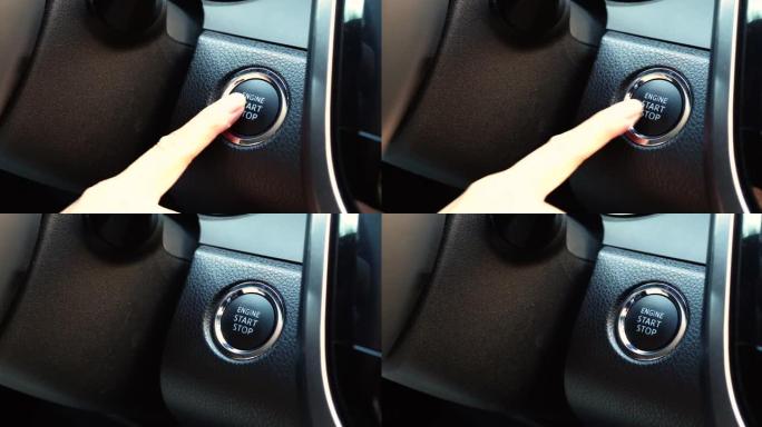 一个女人按下汽车启动按钮启动汽车发动机的特写