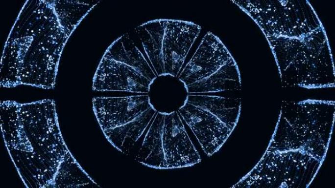 抽象科幻结构HUD圆型抽象波bg万花筒效应。蓝色粒子在平面表面形成波。美丽的波浪充满了框架。循环bg