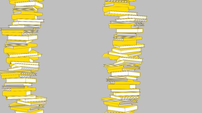 孤立在灰色文本空间上的一堆黄色书籍。