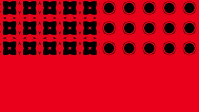 抽象红色几何无缝图案背景。抽象条纹万花筒环。快速迷幻彩色万花筒VJ背景。迪斯科抽象背景。万花筒效应