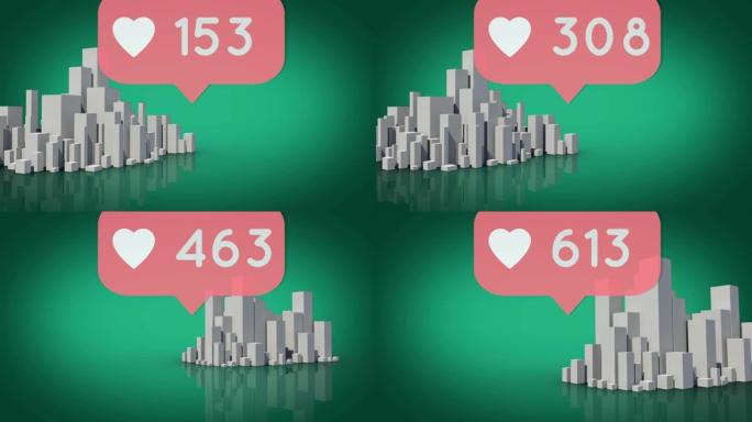红色语音气泡上数字不断增加的心脏图标，反对绿色背景上的3d城市模型