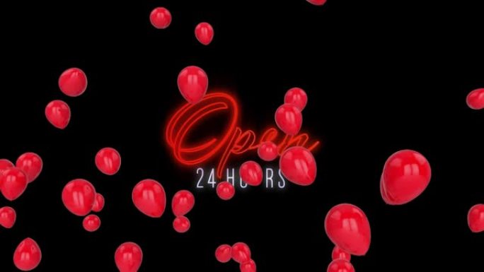 24小时开放的文本动画，红色霓虹灯和白色，红色气球，黑色背景