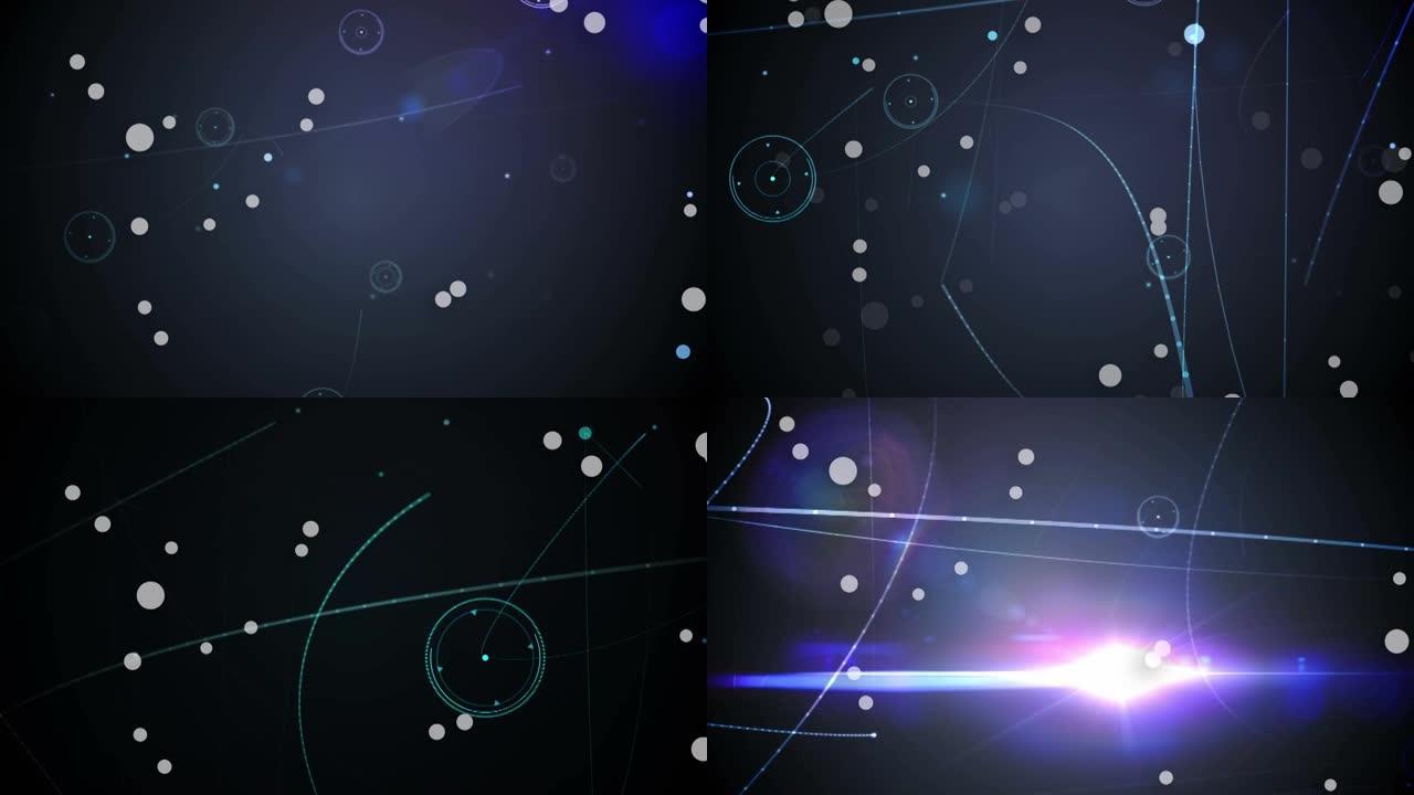 蓝色背景上的多个点与连接网络和光斑的数字动画