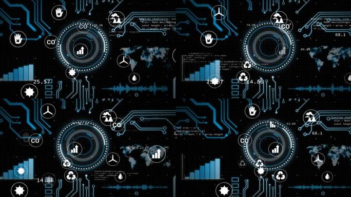 数据处理上的生态环保图标网络动画
