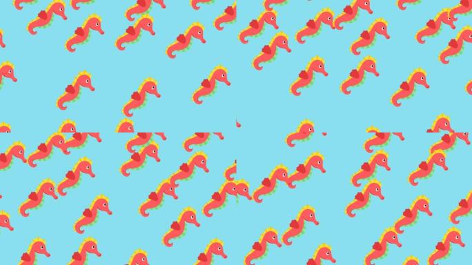 蓝色背景上成排的红色海马的动画