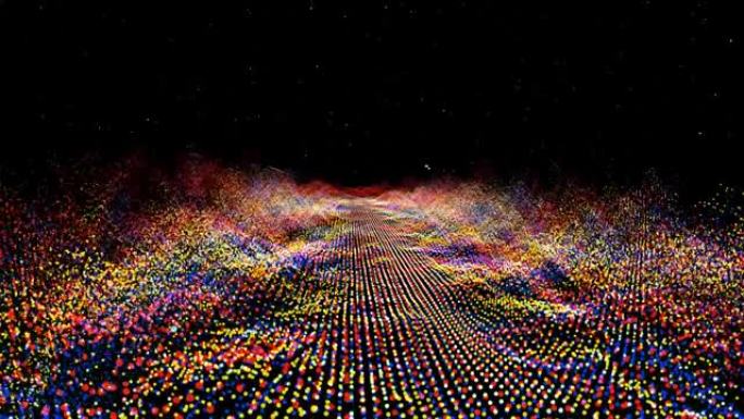 未来抽象红青色黄色波形球振荡，可视化波技术数字表面与粒子星
