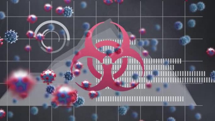 生物危害符号和漂浮在圆形扫描仪和图形上的多个新型冠状病毒肺炎细胞