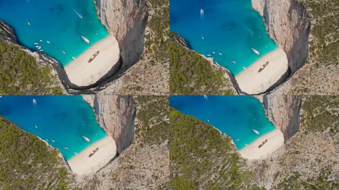 希腊扎金霍斯著名的纳瓦焦沉船海滩上的4k视频无人机视图