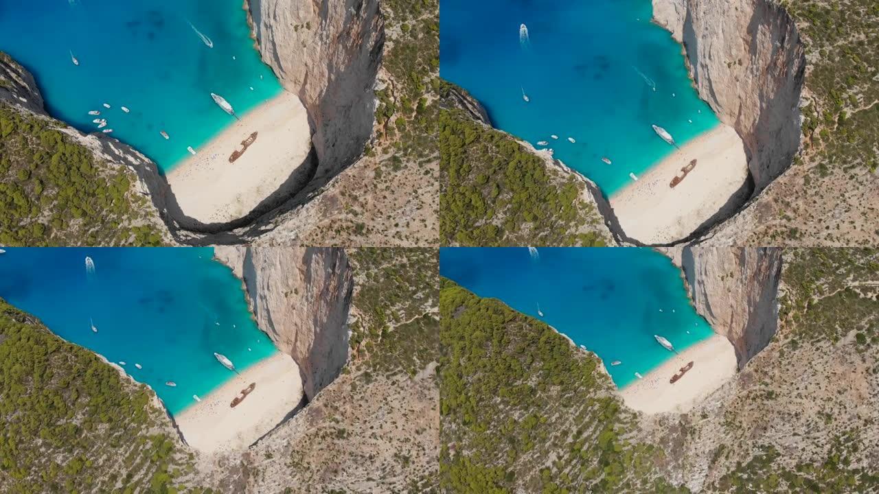 希腊扎金霍斯著名的纳瓦焦沉船海滩上的4k视频无人机视图