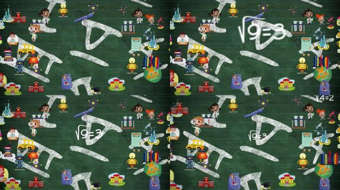 黑板上的多个学校概念图标的数字动画