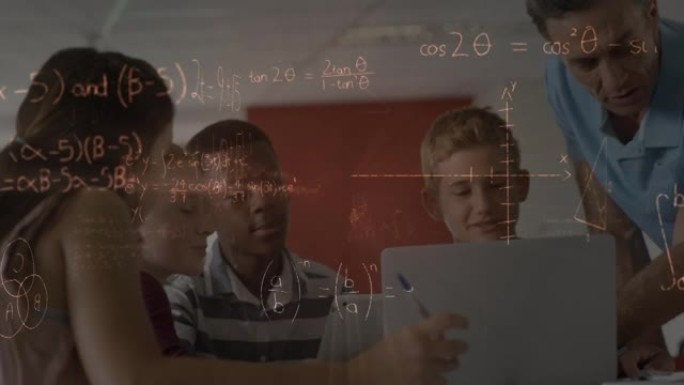 数学方程式漂浮在使用笔记本电脑教学生的白人男老师上
