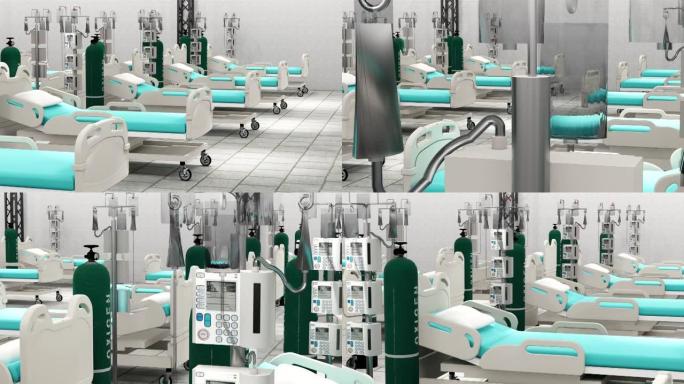 带床的病房。护理诊所或医院的空床和轮椅。3d渲染室和舒适。现代医院，保健理念。