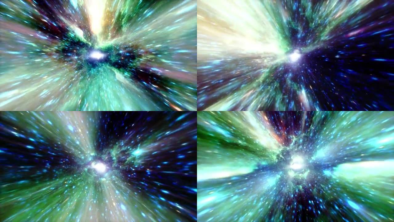 抽象彩色辉光蓝绿色超空间隧道通过时空涡旋循环背景。4K 3D渲染科幻星际旅行穿越超空间中的虫洞。网络