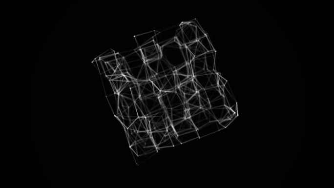 抽象线框立方体。数字区块链概念。带有点和线条的未来蓝色背景。3D渲染。