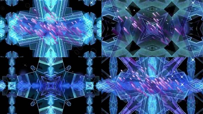 黑色背景上蓝色万花筒图案上的紫光轨迹数字动画