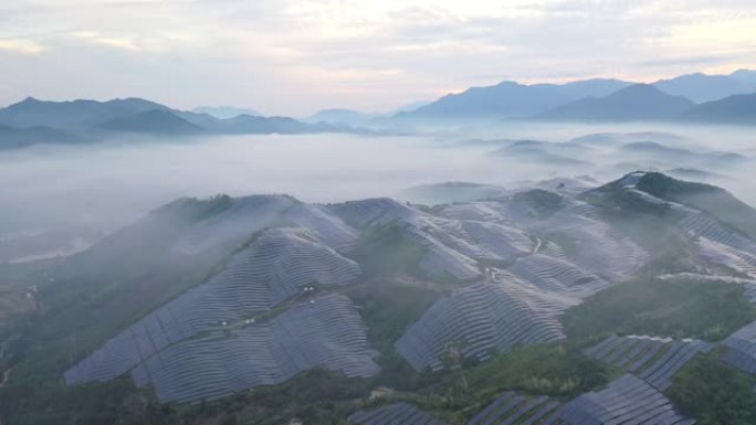 山上有雾的太阳能发电厂的高角度视图