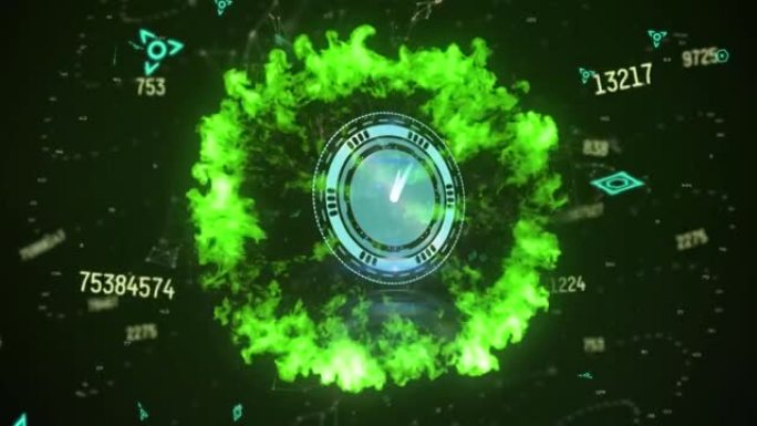 时钟的动画，绿色烟雾爆炸，黑色背景上的连接和数据处理