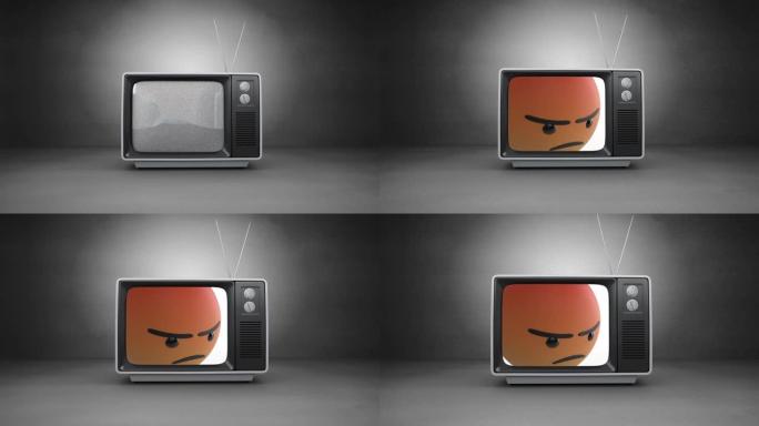灰色背景下电视屏幕上愤怒的表情符号的数字动画