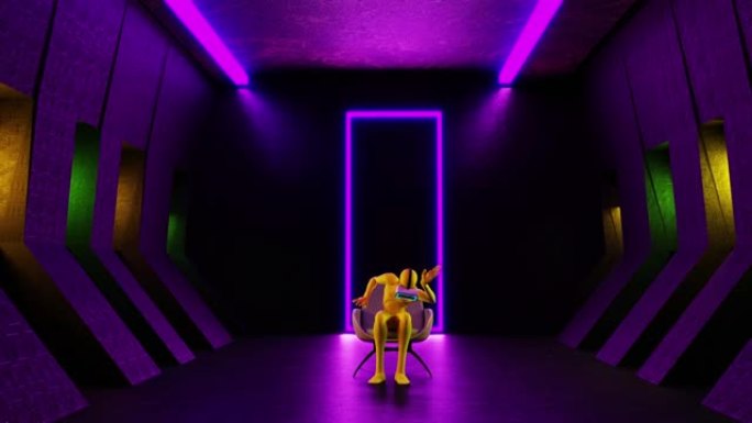 未来科幻黑暗空房间。紫色霓虹灯发光。带反射3D渲染动画的地板。概念网络朋克