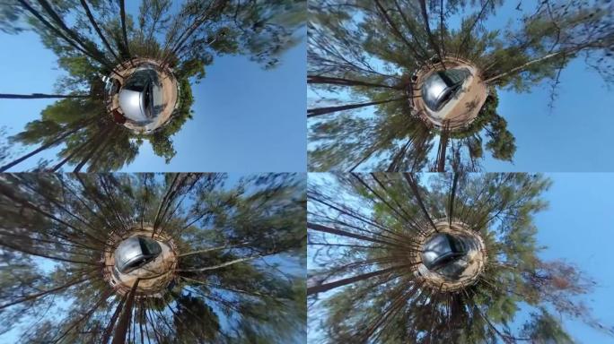 在安塔利亚的高树之间驾驶汽车，作为360度的小行星