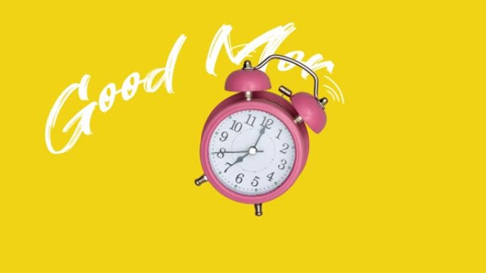 一个有趣的粉红色闹钟跨过黄色背景，响起早上好。