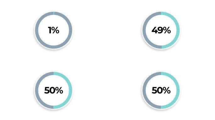 信息图表循环图动画计数0到50百分比。加载蓝色圆圈动画。4K