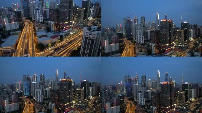 夜间倾斜城市摩天大楼的视野