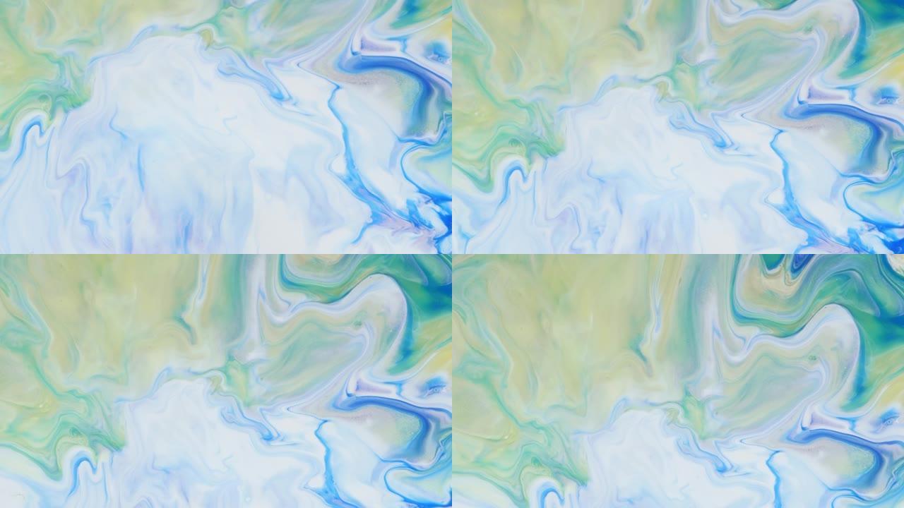 蓝色和白色背景图像。油漆从画布上滴下来。液体油漆污渍。软过渡。抽象艺术背景过渡屏保。
