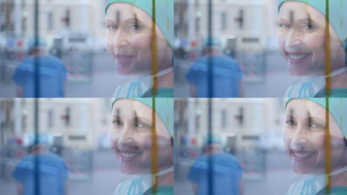 高加索女外科医生的肖像在医院微笑，反对医院的城市交通